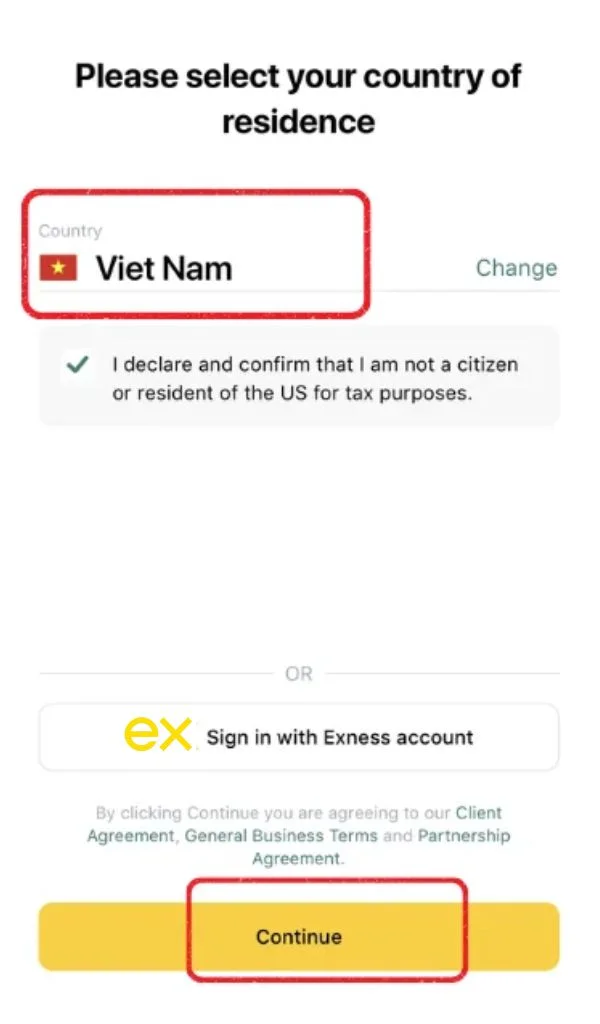 When registering a Copy Trade Exness account, select your country/region of residence.Copy Trade Exness アカウントを登録する際は、居住国/地域を選択してください。