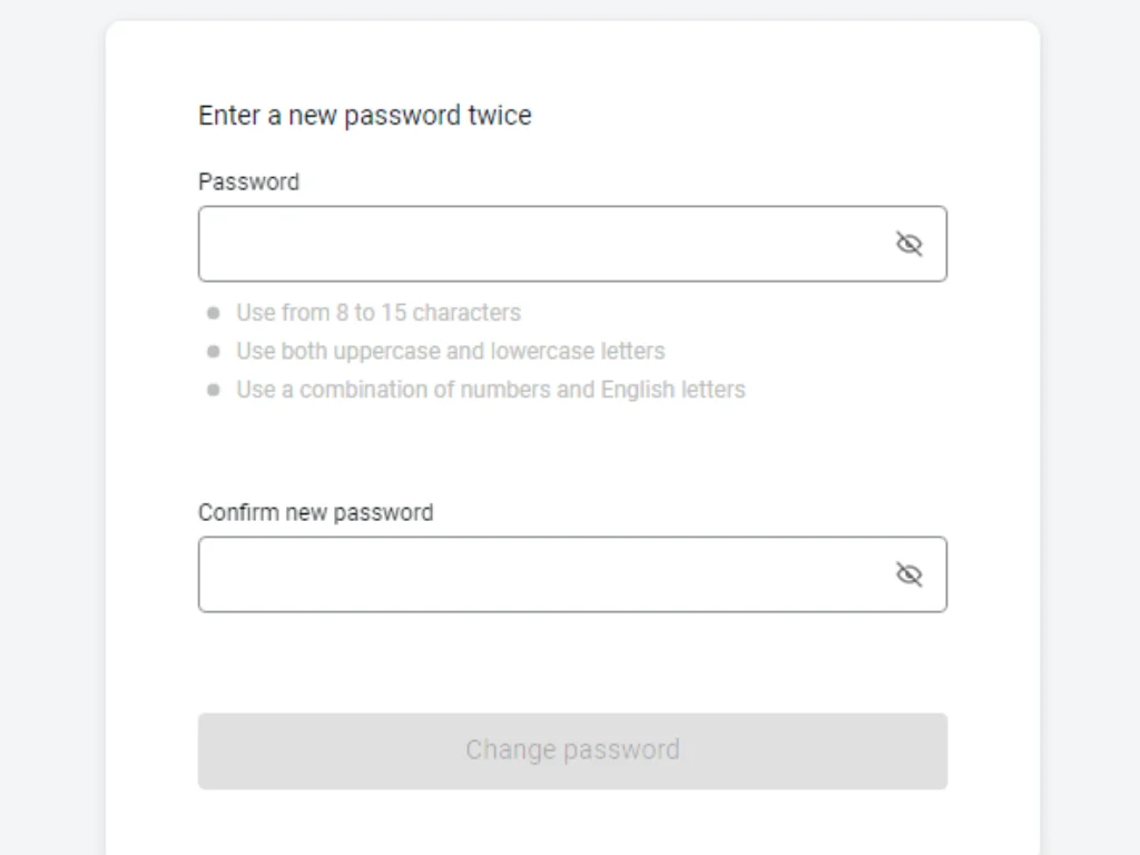 Fill in new password and confirm Exness sign in新しいパスワードを入力してExnessのサインインを確認してください