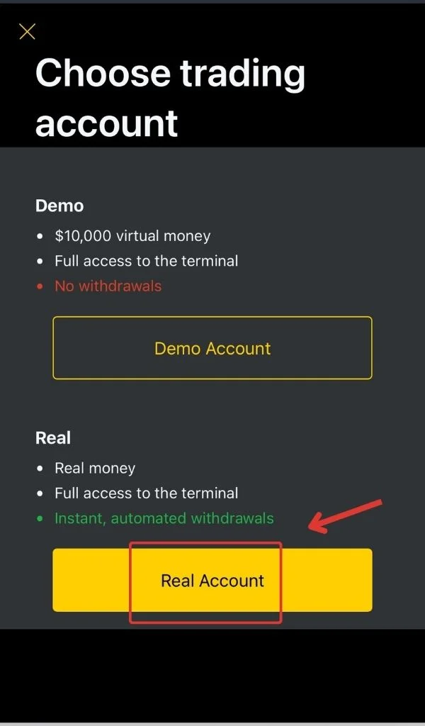 Select Trading Account取引口座を選択