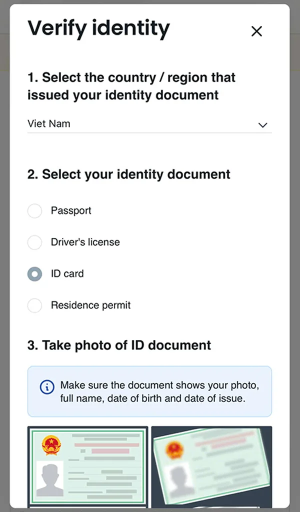 Select Verification Document Type確認書類の種類を選択
