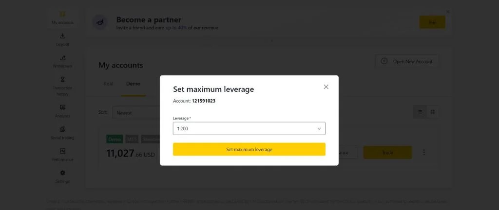 Choose the leverage level you consider most suitable.最も適切と思われるレバレッジ レベルを選択します。