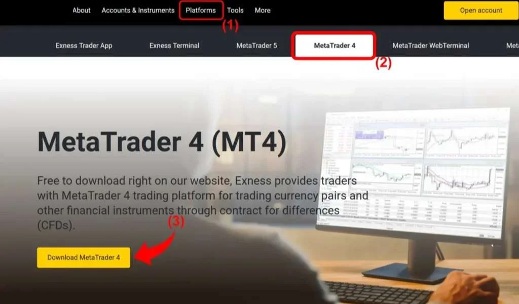 Download MetaTrader 4 Exness in just 3 steps.わずか 3 ステップで MetaTrader 4 Exness をダウンロードします。