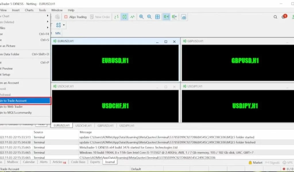 Login to the Exness MT5 platform.Exness MT5 プラットフォームにログインします。