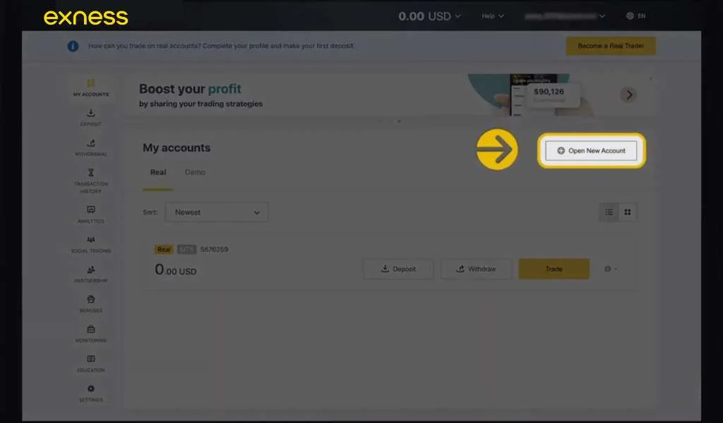 Choose to open an Exness trading accountExness取引口座を開設する