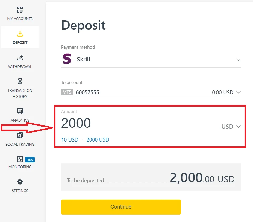 Enter the amount you wish to deposit into ExnessExnessに入金したい金額を入力してください