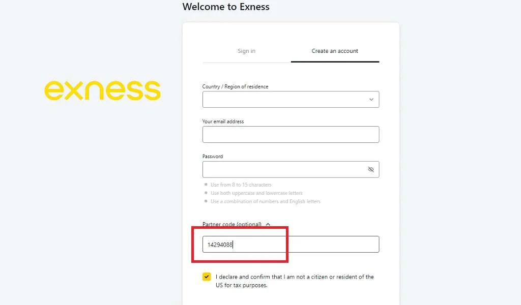 Register an account at Exness.comExness.comでアカウントを登録する