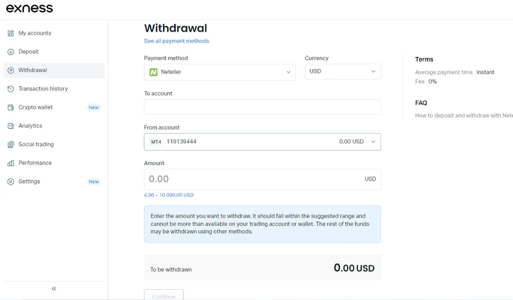 Withdraw funds from Exness using Neteller walletNetellerウォレットを使用してExnessから資金を引き出す
