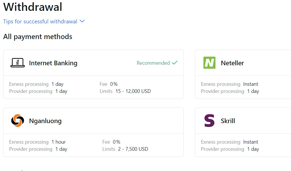 Exness has a variety of withdrawal methods for you to choose fromExnessでは、さまざまな出金方法からお選びいただけます