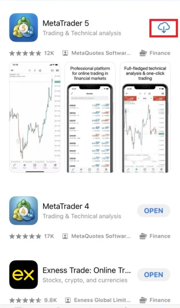 Search for MetaTrader 5 in your phone's app storeお使いの携帯電話のアプリストアでMetaTrader 5を検索してください