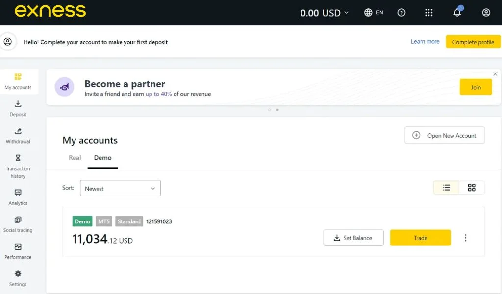 Log in to your previously opened Exness account以前に開設したExnessアカウントにログインしてください