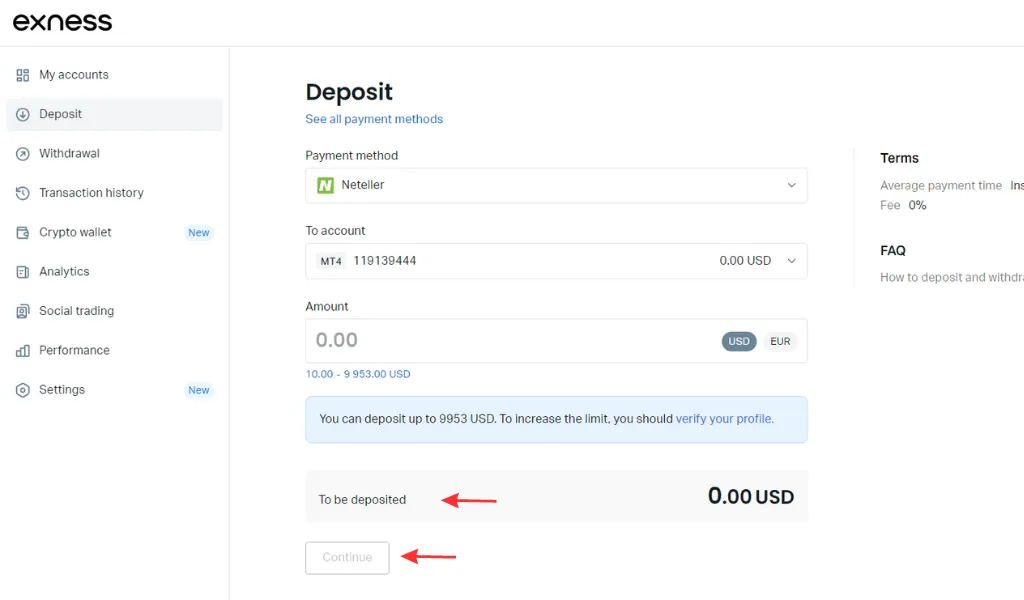 Deposit using Neteller methodNeteller方式による入金