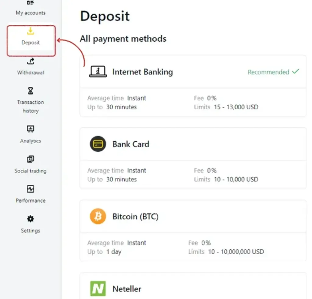 Deposit and withdraw funds from ExnessExnessへの入金と出金