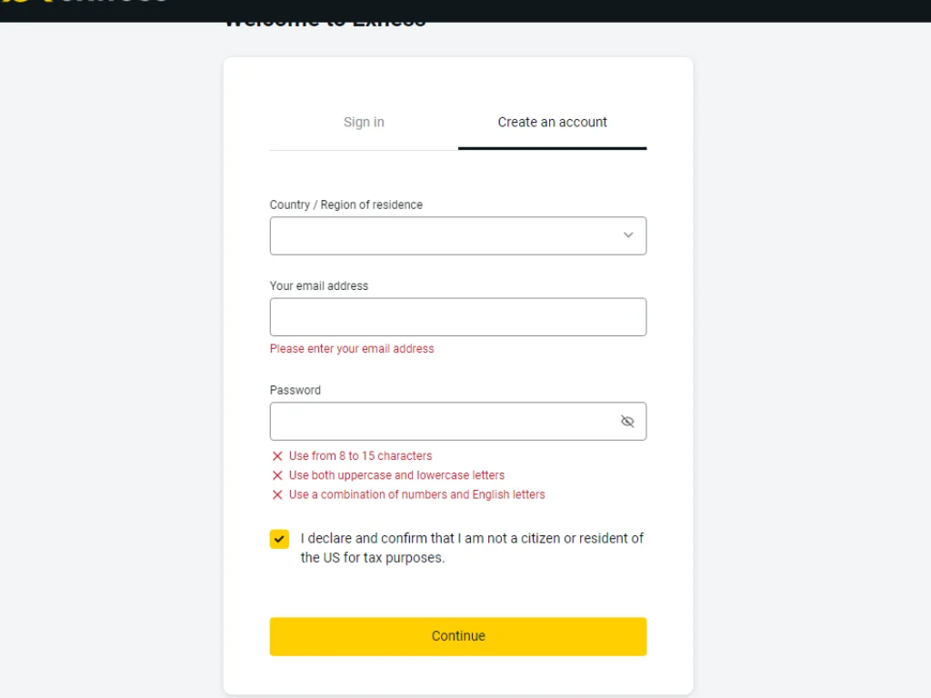 Exness registration screenExness登録画面