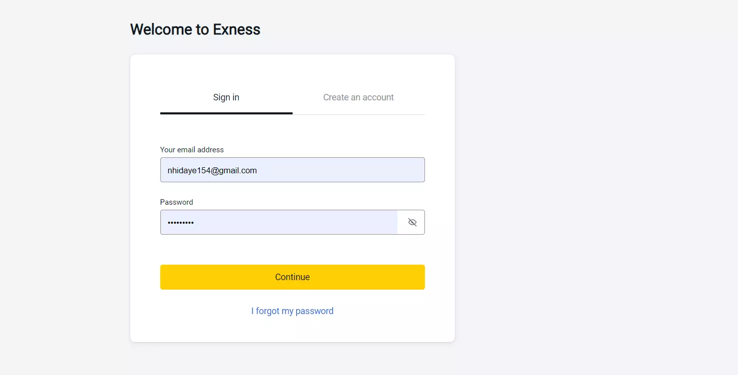 Log in to Exness. If you don't have an account, create a new oneExnessにログインしてください。アカウントをお持ちでない場合は、新規に作成してください。