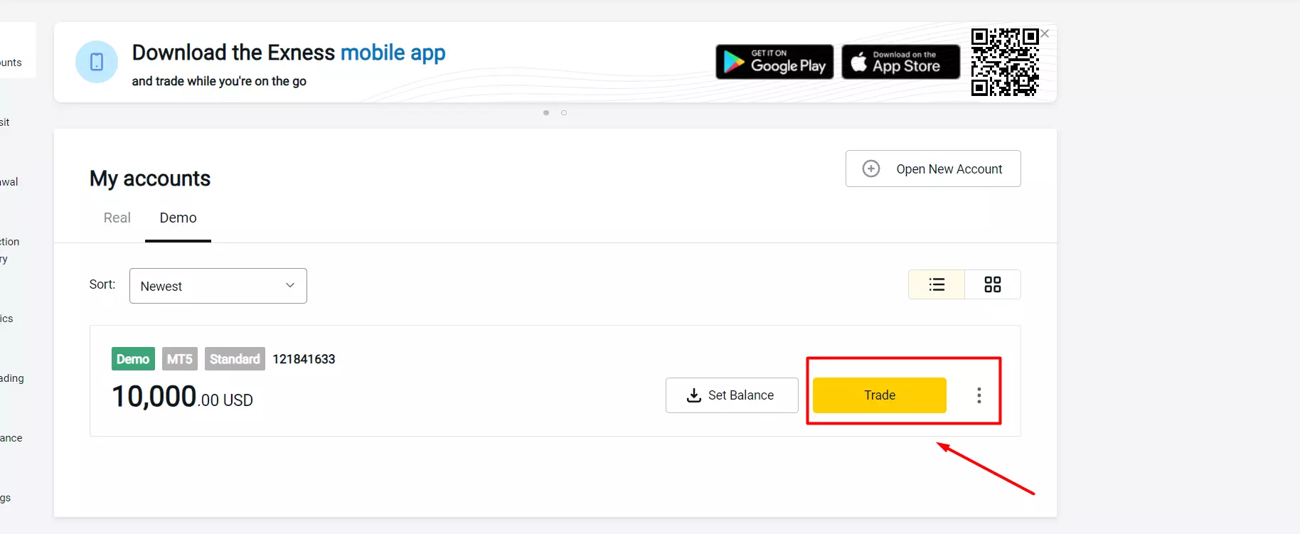Select the TRADE button to enter the trading environmentTRADEボタンを選択して取引環境に入ります